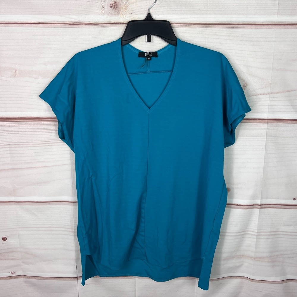 Lior Paris Top Women M Blue V-Neck Tunic T-Shirt Dolman Sleeve Cotton Blend Knit